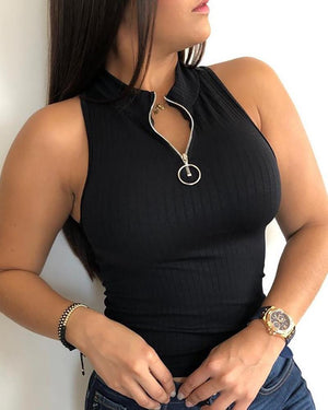 Top informal de tirantes gruesos para mujer, con cuello redondo acanalado, corte ajustado, cremallera, aro metálico y cintura fruncida