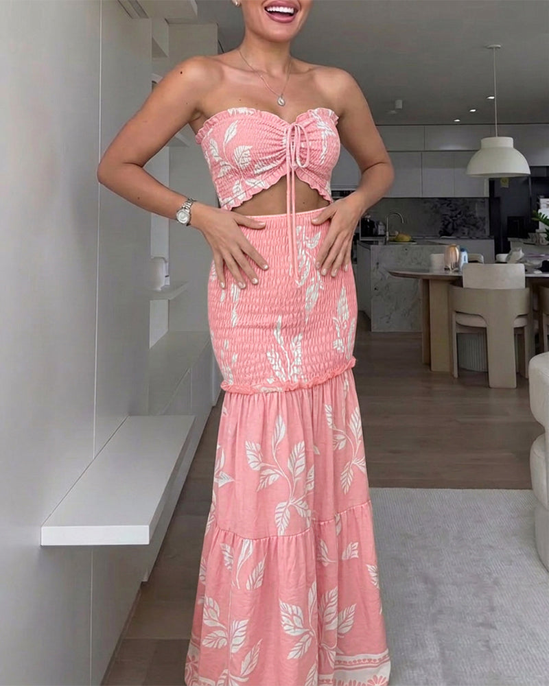 CHICME Women's Tropical Plants Bandeau Dress Sexy Drawstring Cutout Shirred Waist Mermaid Dress Ruffle Hem Vacation Maxi Dress