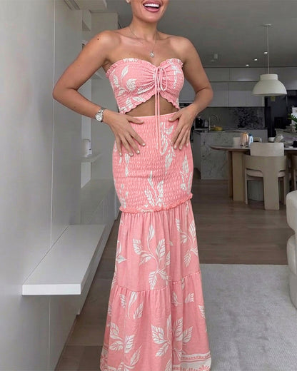 CHICME Women's Tropical Plants Bandeau Dress Sexy Drawstring Cutout Shirred Waist Mermaid Dress Ruffle Hem Vacation Maxi Dress