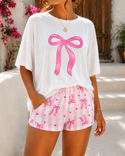 Women's 2 Piece Lounge Set Bow Print Boat Neck Top and Striped Heart Shorts Casual Pajamas Set