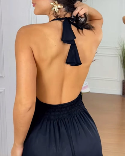 Halter Sleeveless Backless Maxi Dress Casual Shirred Back Side Slit Vacation Dress