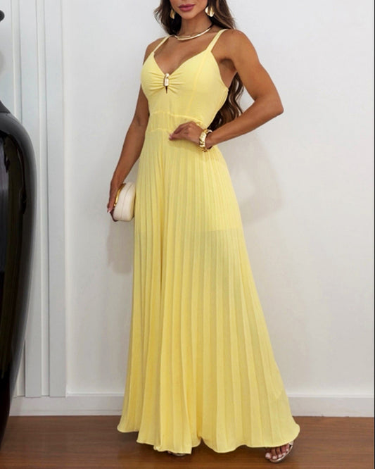 Metal Decor Deep V-Neck Adjustable Spaghetti Straps Hollow-out Front Overalls Casual Shirred Back Cinched Waist Pleated Wide Leg Jumpsuit