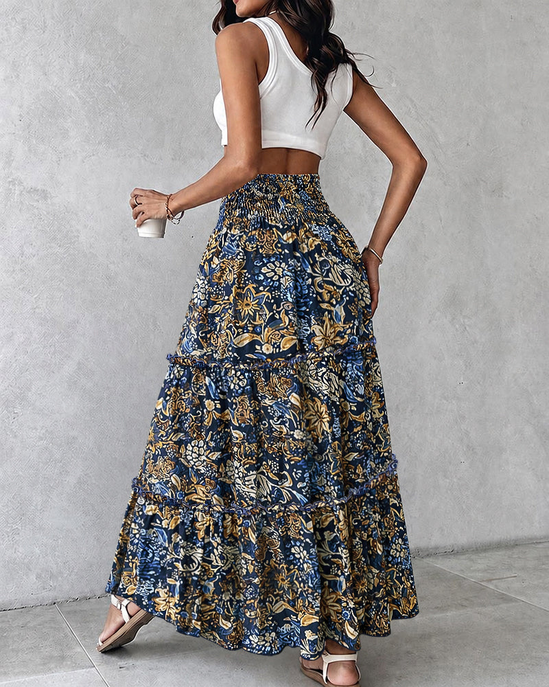 Women's Boho Vintage Floral Shirred High Waisted Maxi Skirt Ruffle A Line Flowy Vacation Skirt with Pockets
