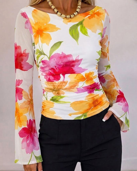Women's Watercolor Floral Boat Neck Mesh Flare Sleeve Ruched Slim Fit Top
