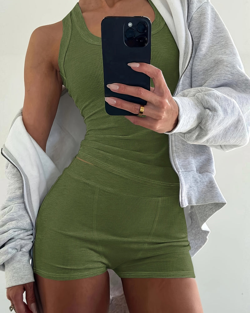 2PCS Micro Ribbed U Neck Tank Top & Boxer Set Cozy Loungewear