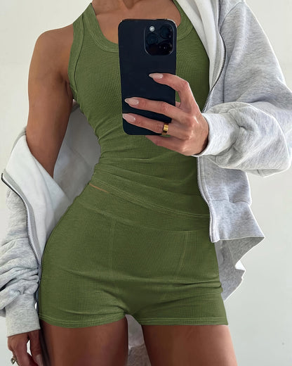 2PCS Micro-Ribbed U-Neck Tank Top & Boxer Set Cozy Loungewear