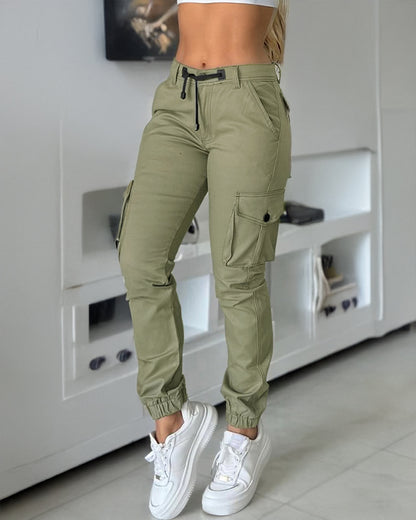 Zipper Fly Drawstring Elastic Back Waist Cuffed Trousers Casual Multiple Flap Pockets Design Cargo Pants