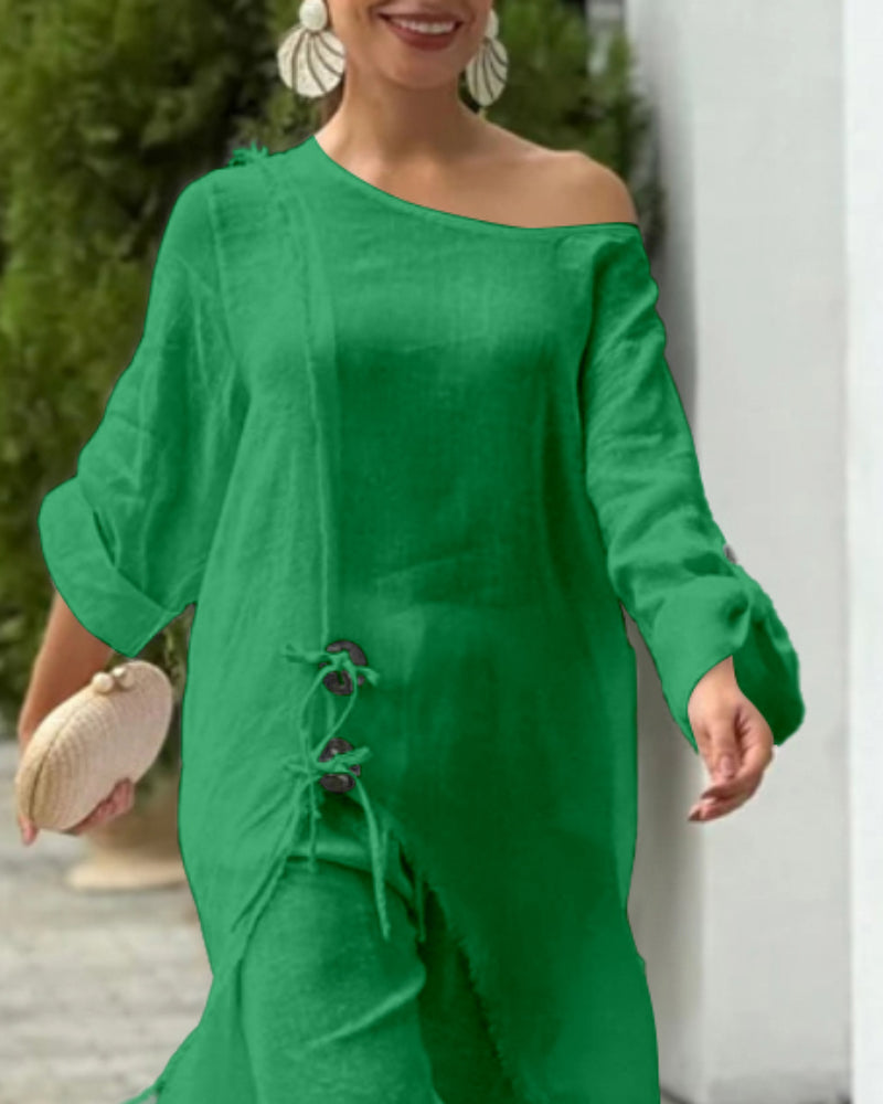 2 Pieces Outfit Button Decor One Shoulder Turn-Up Sleeves Slit Raw Edges Top and Casual Drawstring Elastic Waist Wide Leg Pants Set
