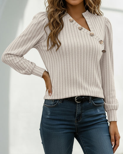 Button Decor Asymmetrical V-Neck Long Sleeve Ribbed Tee Casual Knit Brushed Top