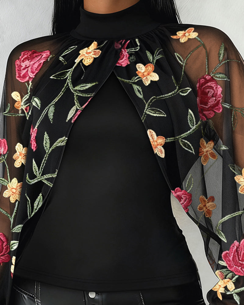 Mock Neck Floral Embroidery Cape-style Mesh Lantern Sleeve Spliced Blouse Ruched Hollow-out Back Slim Fit Top