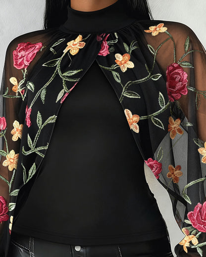 Mock Neck Floral Embroidery Cape-style Mesh Lantern Sleeve Spliced Blouse Ruched Hollow-out Back Slim Fit Top
