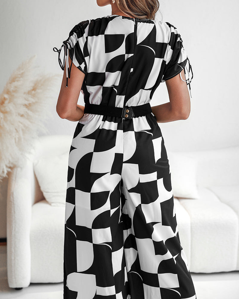 Geometric Print V-Neck Short Sleeve Zipper Jumpsuit