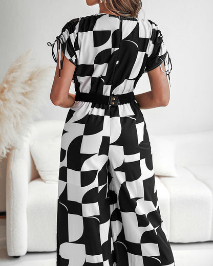 Geometric Print V-Neck Short Sleeve Zipper Jumpsuit