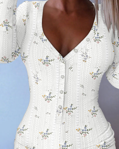 Ditsy Floral Print V-Neck Button Front Frill Trim Romper Slim Fit Jacquard Textured Onesie