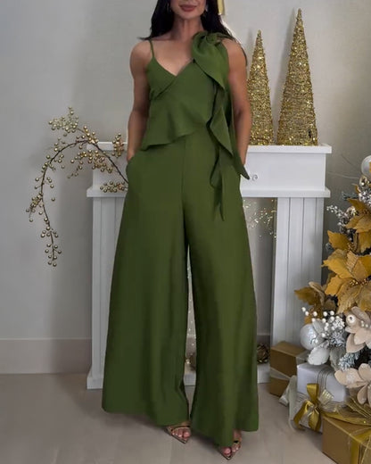 V-Neck Adjustable Spaghetti Straps Backless Overalls Casual Zipper Back Wide Leg Jumpsuit with Convertible Ruffles Tie Panel