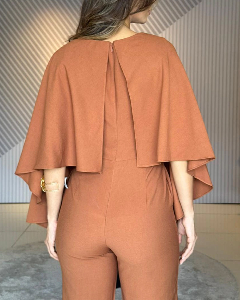 Women's Cape Jumpsuit High Waist Straight Leg Overalls Elegant Evening Jumpsuit with Pockets