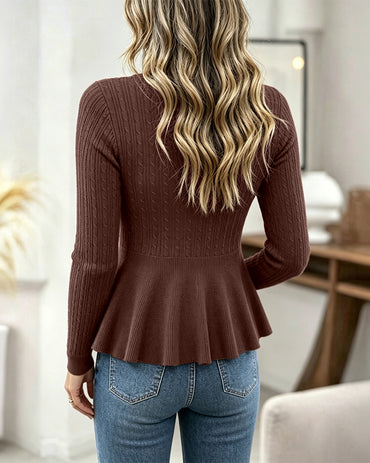 Women's Peplum Ruffle Hem Cardigan Cable Knit Slim Fit Sweater V Neck Gold Bow Button Down Top