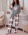 2 Pieces Outfit Good Night Slogan Print Long Sleeve Top and Plaid Print Elastic Waist Pants Set Casual Heart Print Pajamas Set