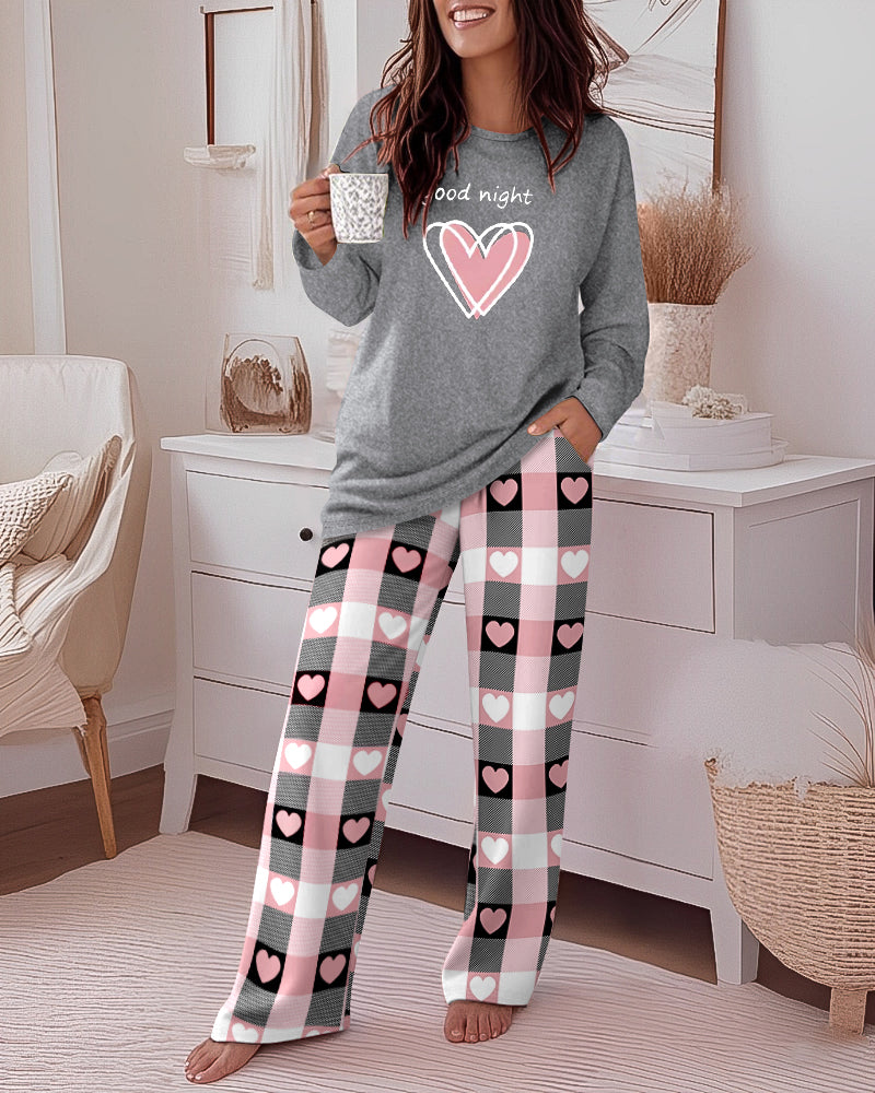2 Pieces Outfit Good Night Slogan Print Long Sleeve Top Plaid Print Elastic Waist Pants Set Casual Heart Print Pajamas Set