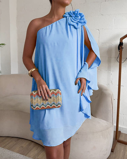 One Shoulder Sleeveless 3D Flower Decor Mini Dress Casual A Line Vacation Dress