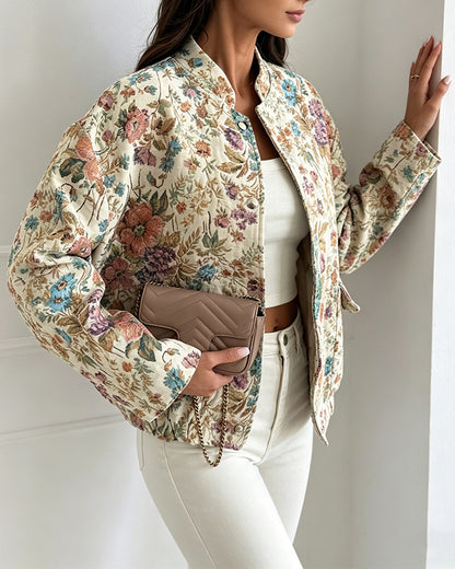 Women's Vintage Floral Jacquard Jacket Elegant Stand Collar Snap Button Loose Fit Coat