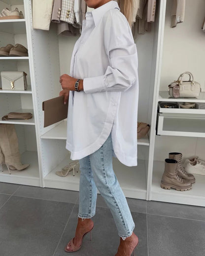 Women's Cotton Oversized Button Down Shirt Long Sleeve Blouse Casual Curved Hem Top