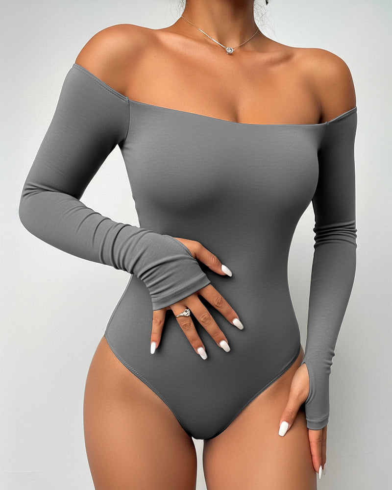 Off Shoulder Long Sleeve Slim Fit Versatile Bodysuit with Thumb Hole Cuffs
