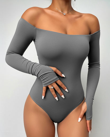 Off Shoulder Long Sleeve Slim Fit Versatile Bodysuit with Thumb Hole Cuffs