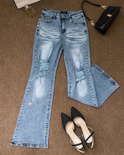Women's Rhinestone Flare Jeans High Waisted Distressed Ripped Jeans Y2K Retro Streetwear Denim Pants