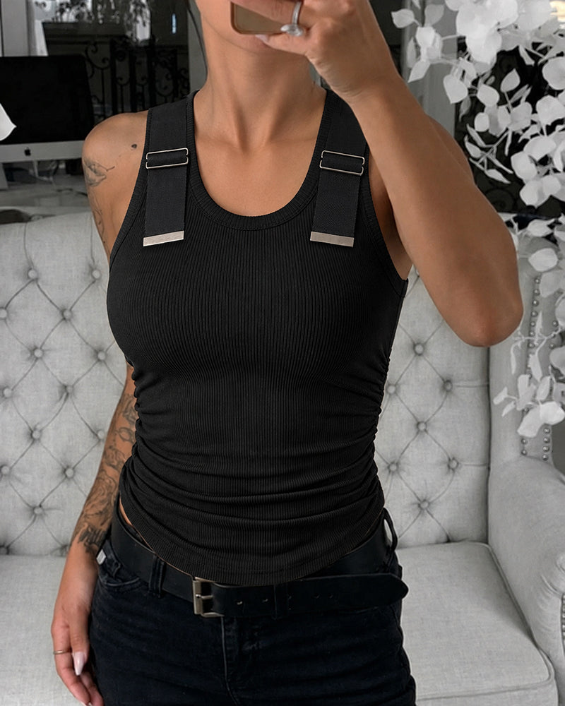 Women's Ribbed Knit Tank Top Adjustable Buckle Strap Side Ruched Knit Top Curved Hem Slim Fit Vest
