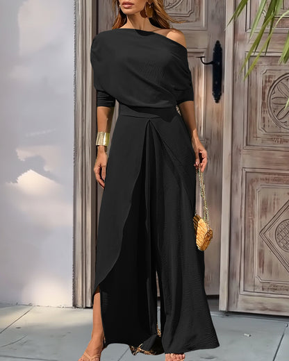 Two-Piece Set Cold Shoulder Batwing Sleeve Top and Casual Elastic Waist Slit Wide Leg Pants