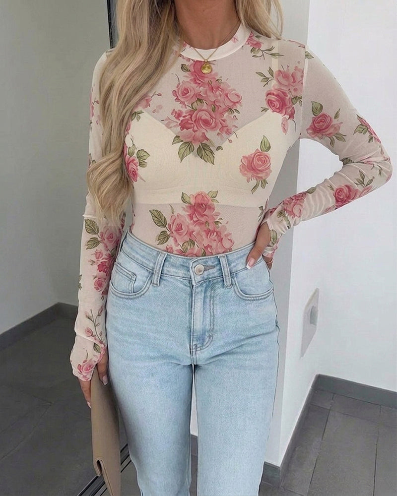 Women's Floral Mesh Long Sleeve Top Sheer O-Neck Slim Fit Blouse for Casual Streetwear & Layering