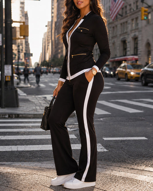Women's 2 Piece Set Zip Up Stand Collar Top and High Waist Straight Leg Pants Casual Tracksuit with Pockets