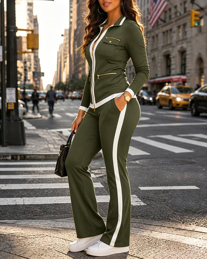 Women's 2 Piece Set Two-Way Zipper Front Stand Collar Top and High Waist Straight Leg Pants Casual Tracksuit