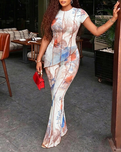 Women's 2 Piece Mesh Set Vintage Print Short Sleeve Top and High Waisted Flare Pants Set with Lining