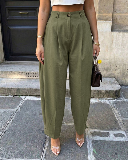 Pantalon sarouel femme taille haute à plis, poches et bas de jambes boutonnés