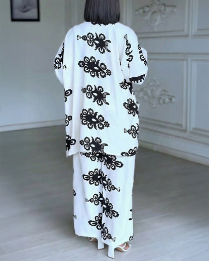 2 Pieces Outfit Open Front Long Sleeve Coat and Drawstring Elastic Waist Wide Leg Pants Set Casual Vintage Baroque Print Loose Fit Set without Tank Top