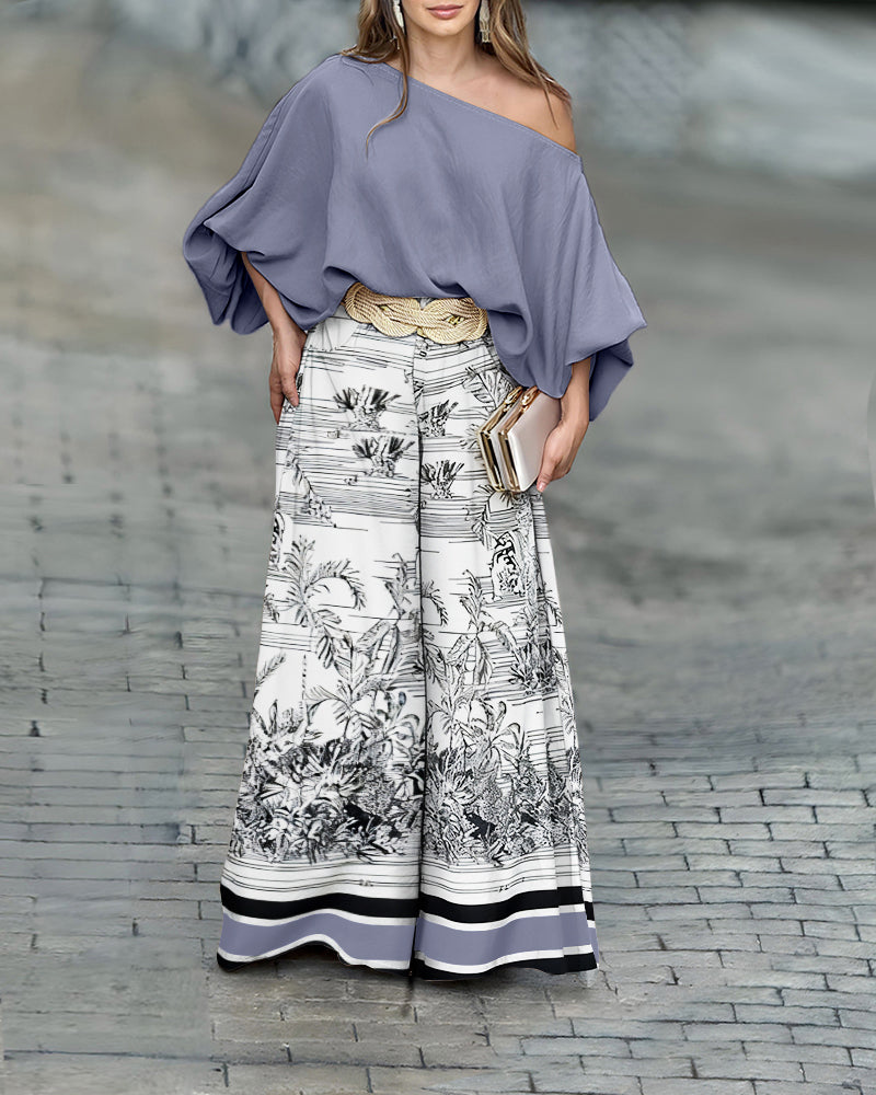 2 Pieces Outfit Skew Neck Batwing Sleeve Loose Fit Top and Plants Print Zipper Fly Colorblock Striped Trim Wide Leg Pants Set without Belt