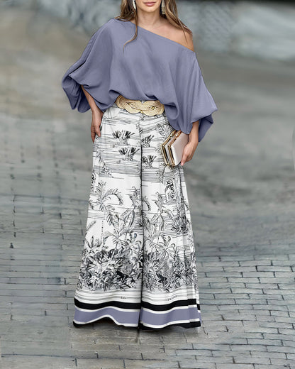 2 Pieces Outfit Skew Neck Batwing Sleeve Loose Fit Top and Plants Print Zipper Fly Colorblock Striped Trim Wide Leg Pants Set without Belt