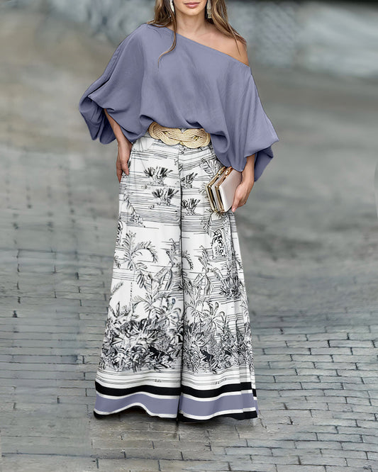 2 Pieces Outfit Skew Neck Batwing Sleeve Loose Fit Top and Plants Print Zipper Fly Colorblock Striped Trim Wide Leg Pants Set without Belt