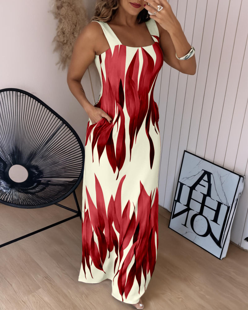 Plants Print Square Neck Thick Strap Maxi Dress Casual Slim Fit Side Slit Vacation Dress with Pockets