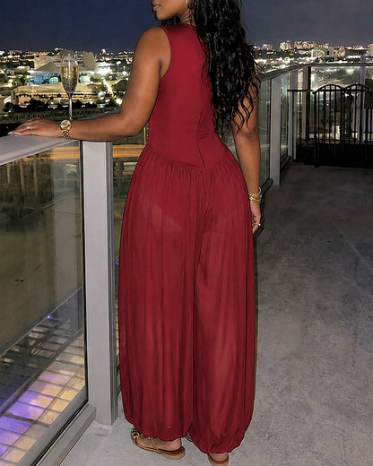Women's Rhinestone Cutout Jumpsuit Sleeveless Sheer Chiffon Lantern Leg Overalls