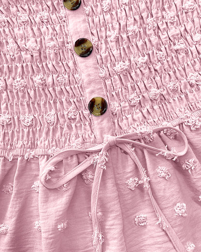 Polka Dot Bandeau Sleeveless Shirred Rompers Casual Button Decor Tied Detail Short Jumpsuit