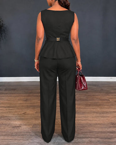 Women's 2 Piece Outfits Sleeveless Peplum Top and Wide Leg Pants Set Elegant Gold Belt Business Work Suits