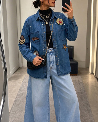 Women's Rhinestone Denim Shacket Vintage Badge Embroidered Button Down Long Sleeve Washed Jean Jacket