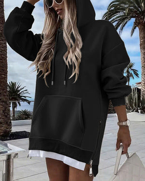 Long Sleeve Kangaroo Pocket Design Zipper Side Pullover Sweatshirt Casual Faux Two Piece Side Slit Longline Drawstring Hoodie Top