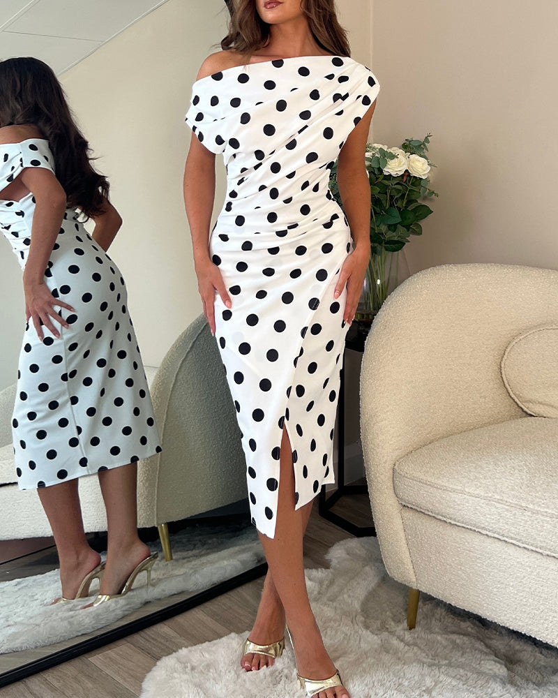 Polka Dot Print Skew Neck Ruched Mid-length Dress Elegant Wrapped Slit Dress