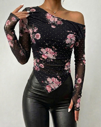Women's Skew Neck Floral Mesh Top Rhinestone Long Sleeve Shirt Ruched Slim Fit Asymmetrical Hem Blouse with Thumbholes