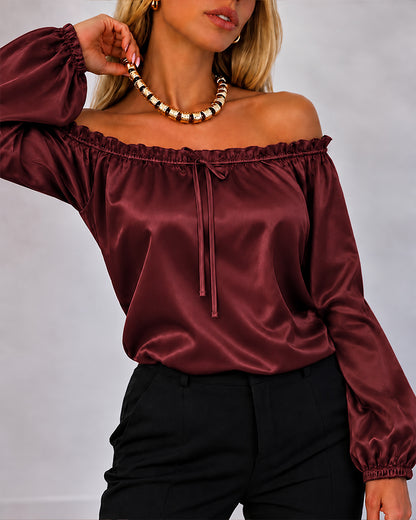 Women's Off Shoulder Satin Frill Trim Tie Front Lantern Sleeve Top
