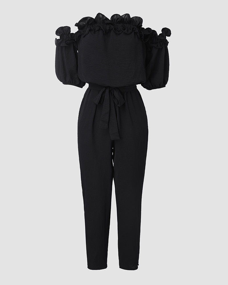 Off Shoulder Frill Hem Tied Detail Jumpsuit